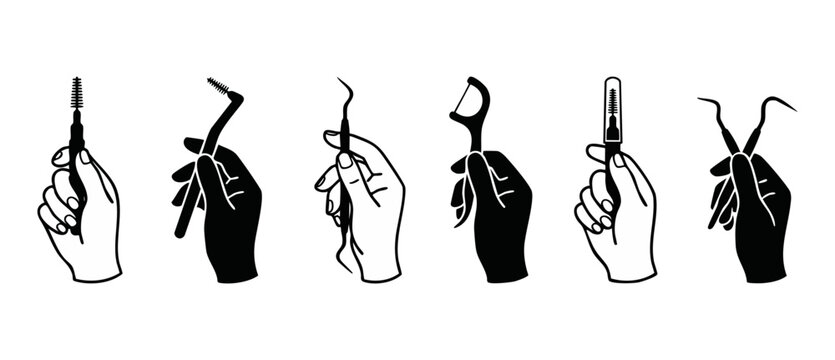 Dental hygiene tools icon set, hand holding toothbrush and floss picks for professional oral care, black silhouette graphic collection for dentist clinic and tooth health education and prevention conc