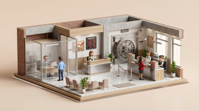 Detailed isometric miniature bank interior showing customers, staff, and vault, illustrating financial services, banking operations, security, and customer service environment.