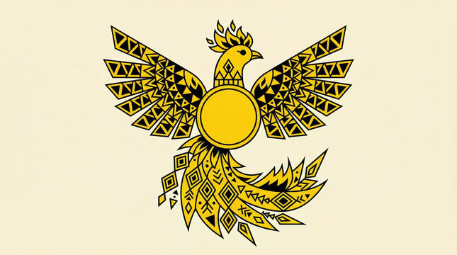 Stylized yellow phoenix bird with geometric tribal patterns. Mythical creature emblem with circular copy space on chest. Traditional ethnic folk art illustration for design element.