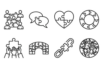 Fototapeta premium Creative puzzle pieces icons set representing teamwork communication and global connections in minimalist style