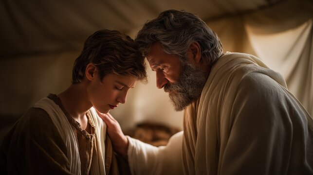 An intimate interior tent scene of jacob receiving isaac&rsquo;s blessing with isaac seated blind and jacob leaning forward in disguise, capturing deception and destiny under soft filtered light.