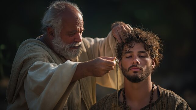 An intimate outdoor scene where samuel pours oil on saul&rsquo;s head in a secluded place under early morning light, marking a moment of destiny and hesitation.