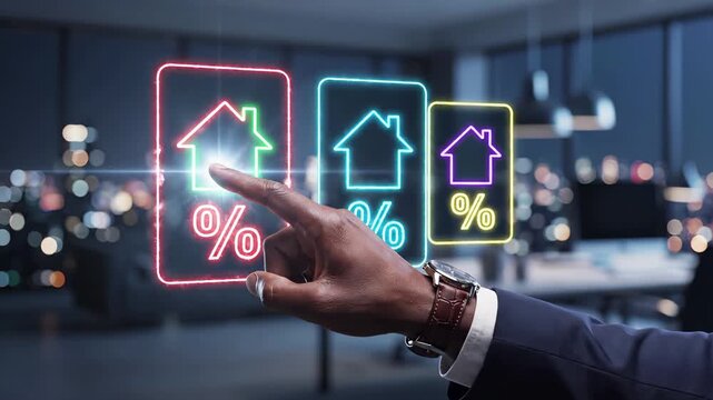 Businessman touches glowing neon house icons with percentage symbols on virtual digital cards in dark office. Real estate mortgage interest rate comparison and home loan finance investment selection