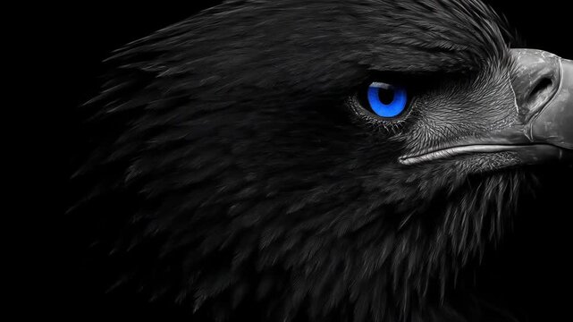 Close up of a dark eagle with striking blue eyes against a black background