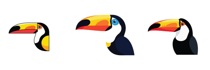 Fototapeta premium Simple flat design of a colorful toucan with a large beak, bold tropical colors, white background.
