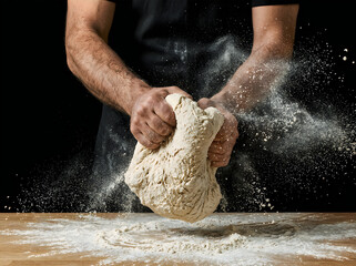 Obraz premium Person kneading dough on wooden table with flour dust