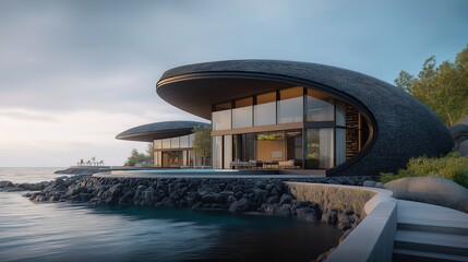 Fototapeta premium Organic coastal pavilion with elliptical shell architecture, cantilevered deck and integrated infinity plunge pool blending indoor and outdoor living.