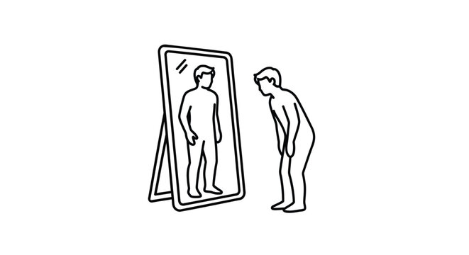 Minimalist line art, self reflection, man looking in mirror, simple illustration, black and white