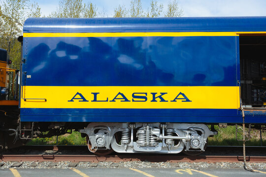 Side of a luggage car on the Alaska Railroad. Seward, Alaska, May 2022