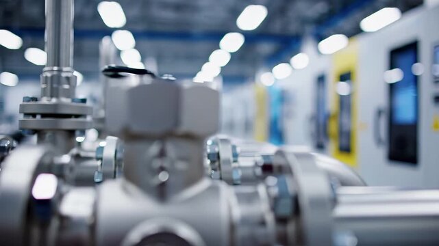Industrial steel valve and pipe fittings in closeup inside modern automated manufacturing facility with robotic equipment in background. Engineering and precision mechanical component production