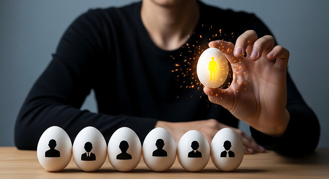 A hand carefully selects a radiant individual icon from a group of prospective employees, highlighting successful recruitment strategies and identifying human potential for business growth