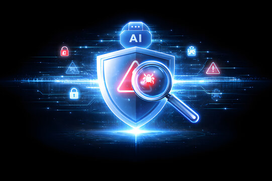 AI Cyber Threat Detection Illustration with Shield and Malware Analysis