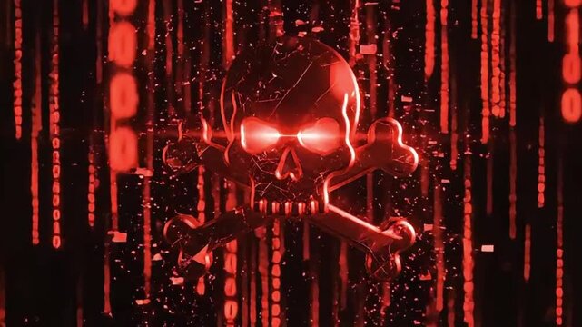 Digital skull and crossbones with red binary code matrix effect danger hacker cybersecurity threat warning