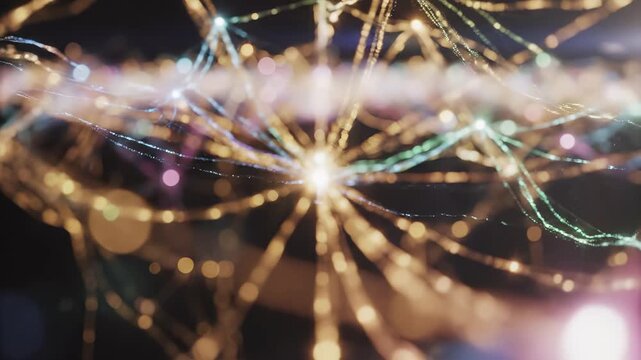 Closeup of glowing fiber optic strands and neural network connections with golden bokeh light bursts. Neuron synapse and data transmission communication science technology background
