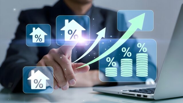 Businessman hand putting coin on stack with virtual house and percentage icon. Conceptual for rising real estate interest rates, mortgage loan calculation, property tax, and financial investment.