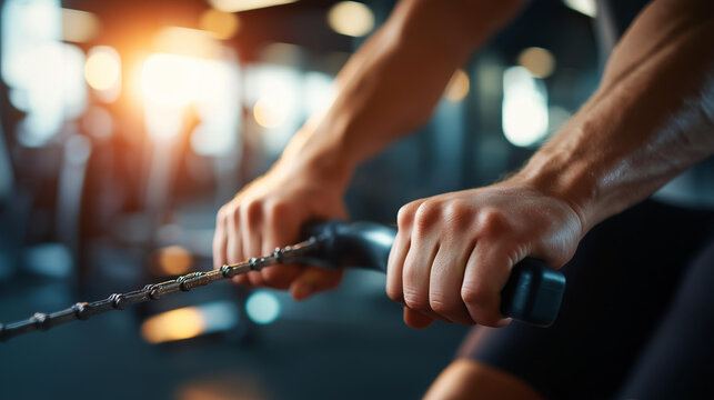 Close up of hands gripping the handles of a rowing machine mid pull at a bright fitness center the knuckles showing effort and the chain taut warm gym led lighting