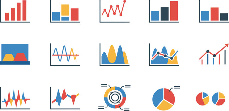 Colorful vector collection of chart and graph icons including bar charts, line graphs, area charts, and pie charts