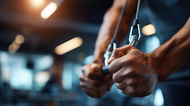Close up of hands gripping a cable machine handle during an upper body pull at a bright modern gym the cable taut and the knuckles showing controlled tension warm gym led