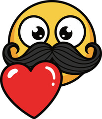 Obraz premium Cute mustache emoji holding red heart isolated transparent background