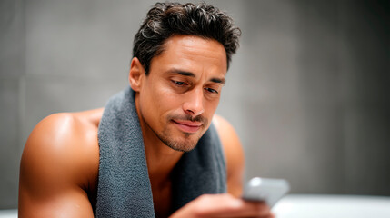 Obraz premium Portrait of young caucasian man with towel around neck using smartphone after workout in bathroom