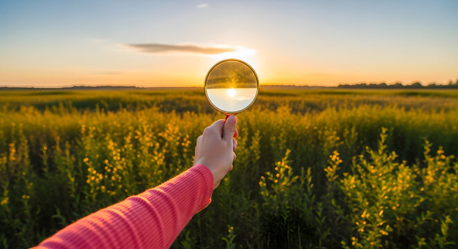 Person holding magnifying glass against golden sunset field