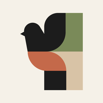 Abstract geometric bird illustration, minimal modern design, mid century style, boho animal art, simple flat shapes, neutral earthy color palette, vector