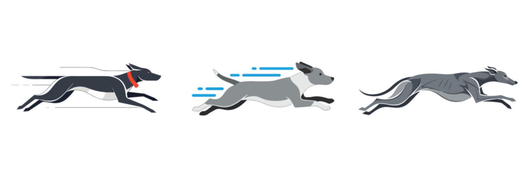 Three stylized greyhounds in motion, captured mid-stride with dynamic motion lines indicating speed and agility