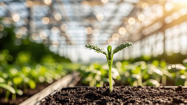 Young seedling sprout with water droplets growing in greenhouse soil rows under soft sunlight. Organic agriculture and plant cultivation for sustainable food production and farming industry