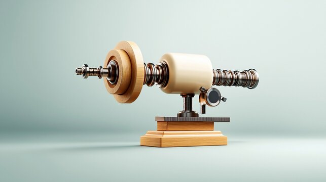 Elegant Abstract Machine Component Wood Polished Metal Cream Cylinder on Teal.
