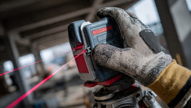 Professional construction worker using red laser level tool on site