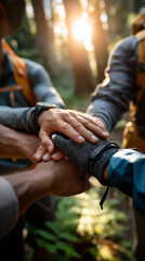 Fototapeta premium Close up of four pairs of hands at a bright summer forest campsite posing for a photo with hiking gear the hands showing backpack straps and trekking gloves warm outdoor