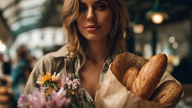 Woman holding flowers and fresh bread at local market, natural movement and warm light. Authentic lifestyle scene, small business, organic food and everyday shopping concept.