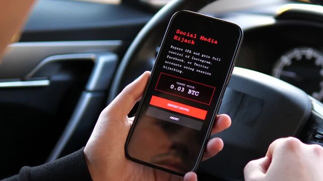 Futuristic hacker smartphone interface displaying Trojan, DDoS, and exfiltration services. Sequence shows bypassing firewalls and social media hijacks. Great for illustrating cyber threats, data