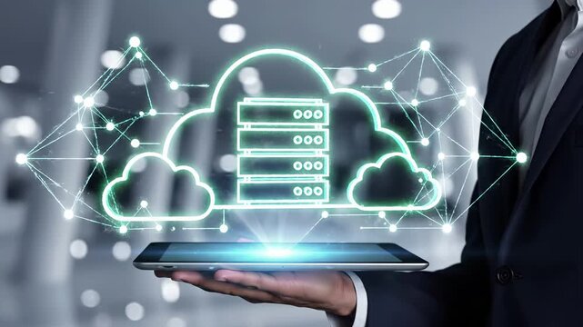 Business executive holds tablet with cloud server infrastructure and network nodes. Computing and data storage solutions for enterprise digital transformation and connectivity