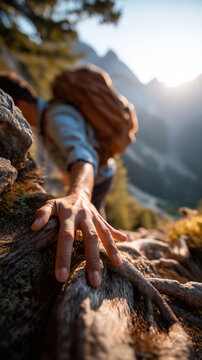 Close up of a hand reaching for a rock handhold while hiking with a backpack at a bright steep mountain trail the other hand gripping a tree root for support warm outdoor