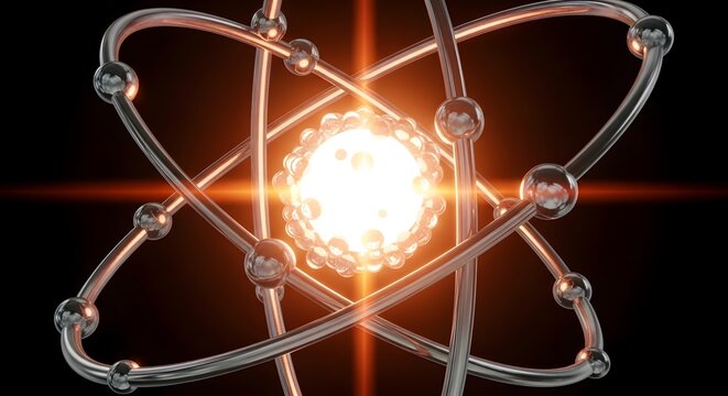 Glowing atom structure with electrons orbiting around nucleus