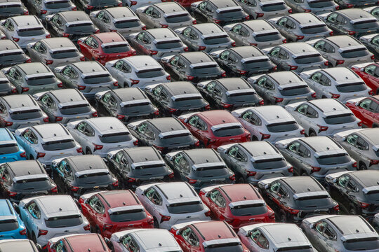 Chevy Trax vehicles staged in high‑density transport rows at the Martinez distribution yard