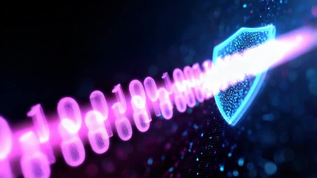 Tracking shot of glowing shield icon with streaming binary data passing across digital grid in cybersecurity interface
