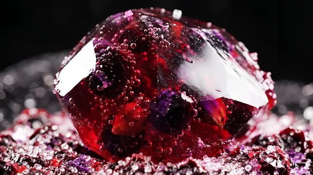 Macro Shot of a Large Red Garnet Crystal on a Bed of Glitter.