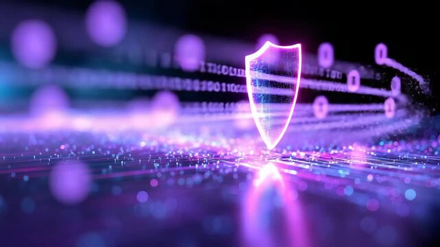 Tracking shot of glowing shield icon protecting streaming binary data across futuristic digital network surface