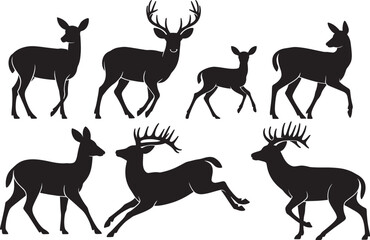 Fototapeta premium Group of deer silhouettes in various poses on transparent background.