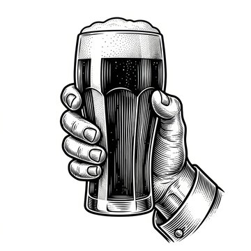 A hand holding a pint of beer, illustrated in a classic vintage sketch engraving style with scratchboard imitation, rendered as a black-and-white AI-generated raster illustration.