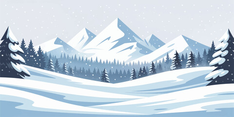Snowy winter forest landscape with pine trees and mountains and cold blue sky © sabia