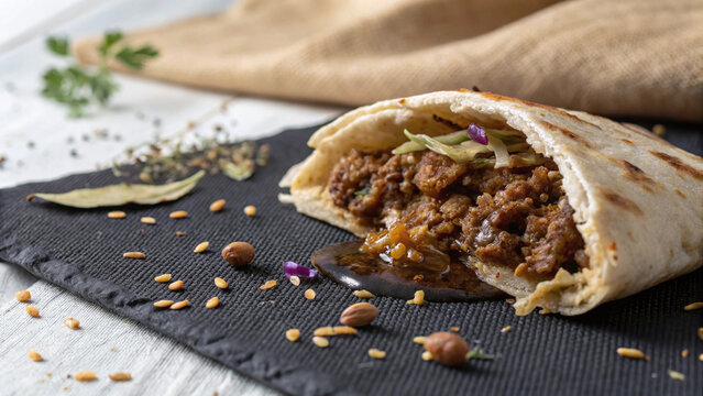 Photorealistic macro baked pita pocket with detailed lamb mince pickled cabbage tahini drizzle layered street food