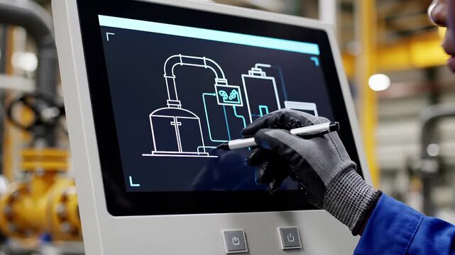 Industrial technician operates control panel with pipeline and tank schematic diagram in manufacturing. Smart factory automation and process management system for equipment monitoring and engineering