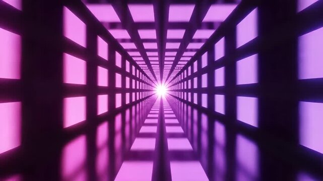 Futuristic corridor illuminated with pink and purple LED lighting creates a vibrant atmosphere