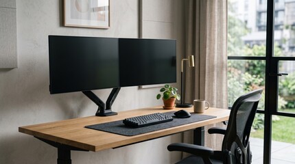 Fototapeta premium Modern Workspace with Dual Monitor Setup and Minimal Desk Environment