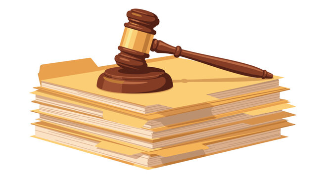 A traditional wooden judge's gavel rests on a tall stack of overflowing yellow manila folders against a plain white background in a bright setting.