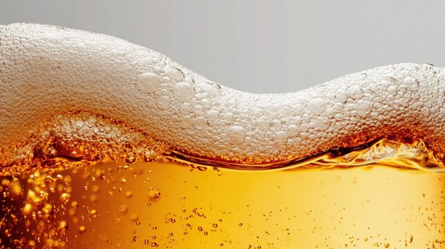 Close up of golden beer with frothy foam and bubbles against light background, perfect for bar menu, brewery branding, and beverage advertising designs