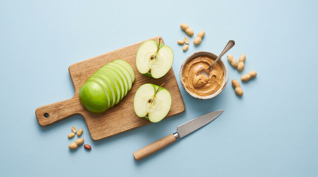 Sliced green apple with peanut butter dip on a wooden cutting board nutrition breakfast vegetarian delicious snacking wellness lifestyle prepared appetizer ingredients minimalist